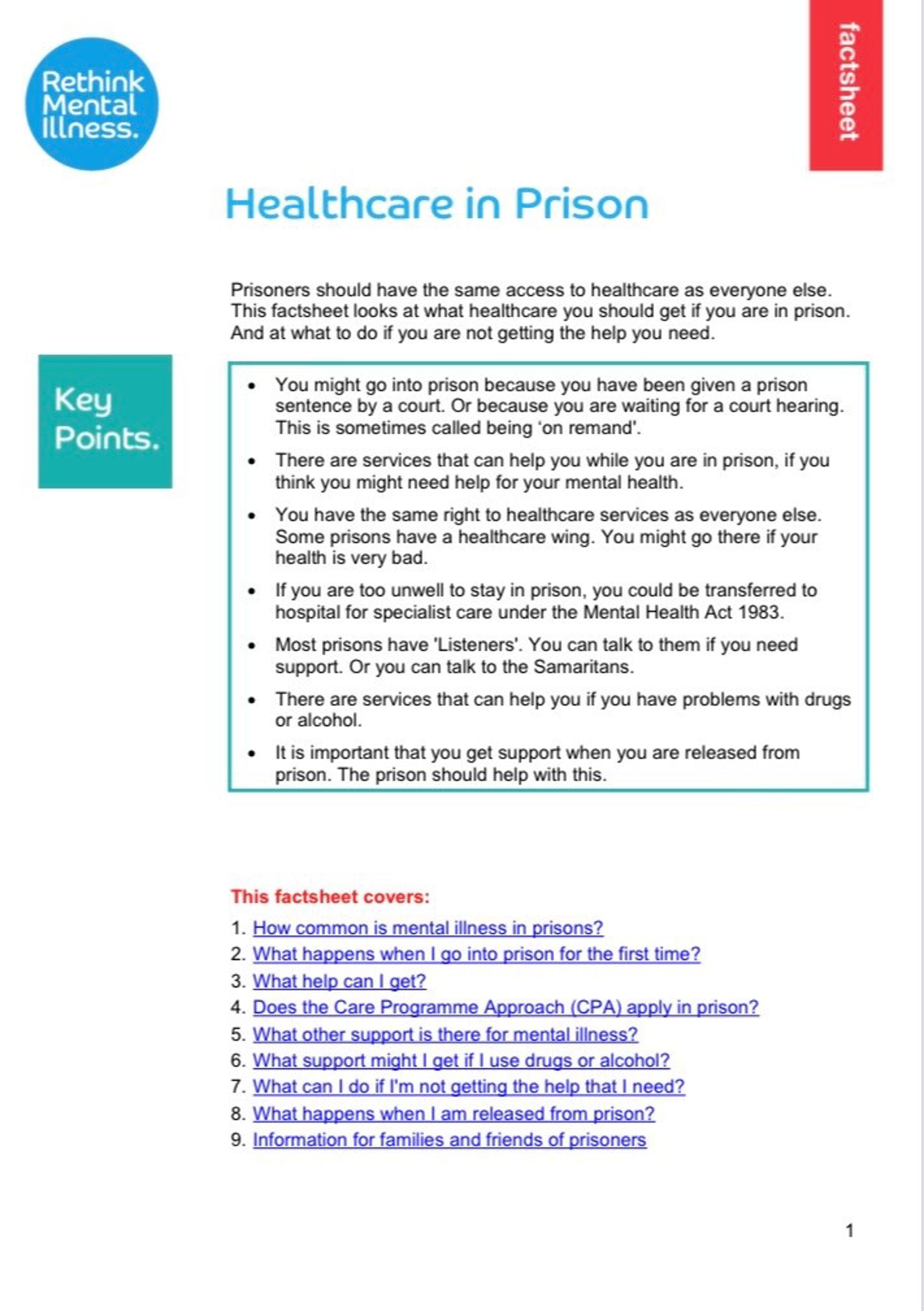 Healthcare in Prison Fact Sheet
