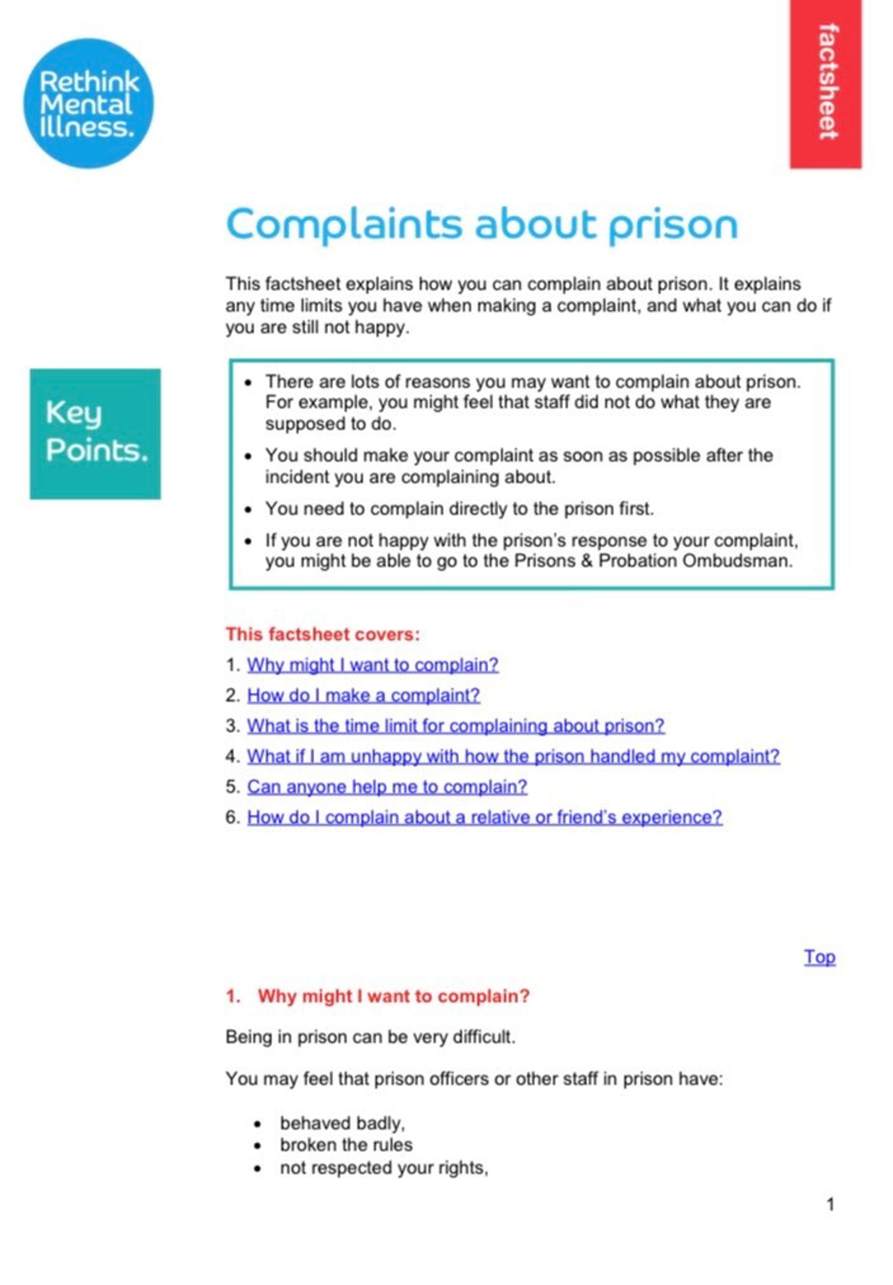 Complaints About Prison Fact Sheet