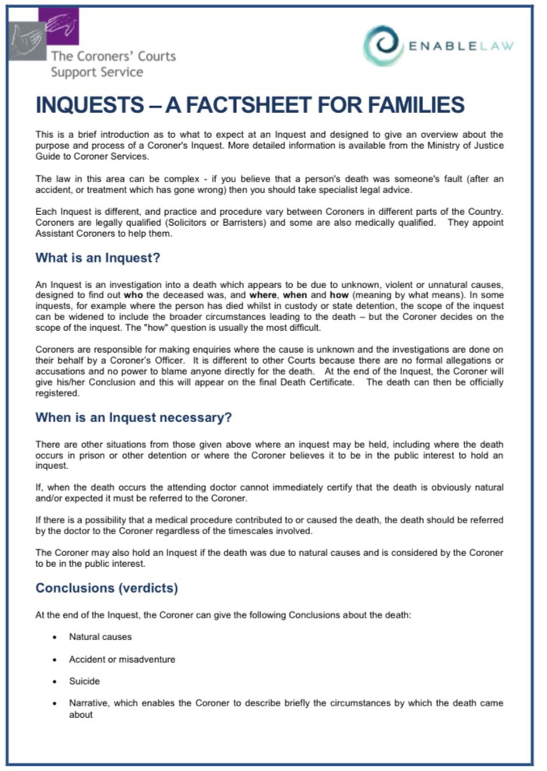 Inquests -  A factsheet for families